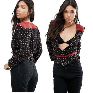 FREE PEOPLE Where We Roam Top Surplice Neck Pleated Boho Fall Black Red Small